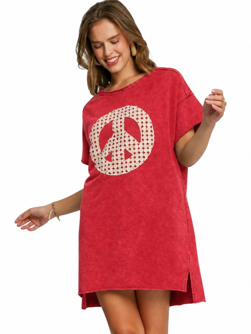 NEW Umgee Red Mineral Washed Cream Lace Peace Sign Applique Terry Mini Dress